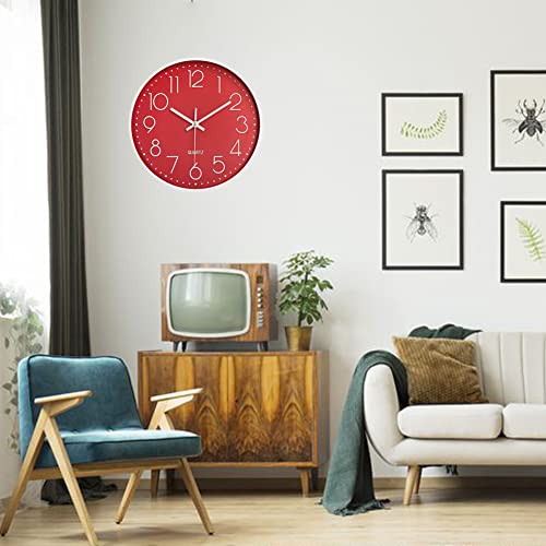 12 in Wall Clock Non-Ticking Quartz Silent Battery Operated Round Clocks Home Kitchen Office School Living Room Decor Clocks (Red) - color: Red