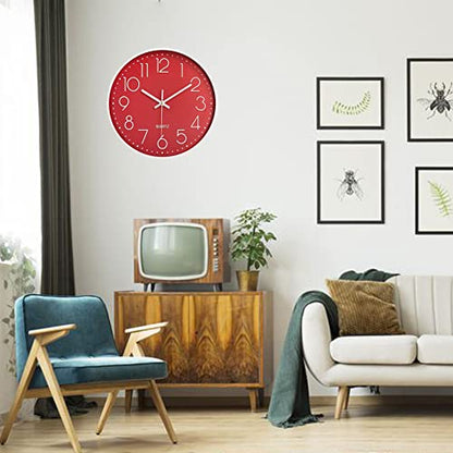 12 in Wall Clock Non-Ticking Quartz Silent Battery Operated Round Clocks Home Kitchen Office School Living Room Decor Clocks (Red) - color: Red