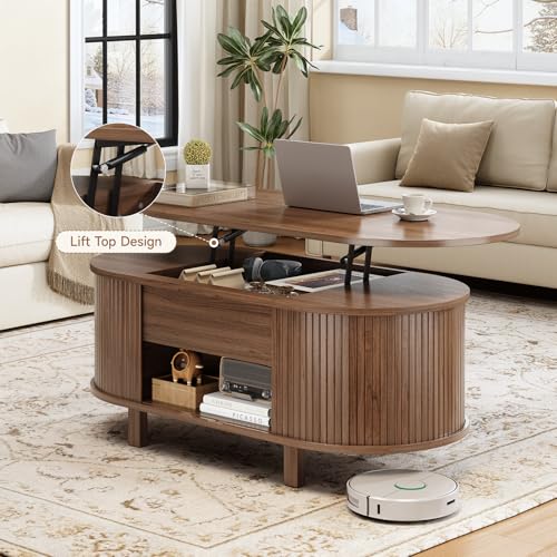 43.3" Oval Lift Top Fluted Coffee Table with Sliding Door, Walnut | Mid-Century Modern Fluted Coffee Table with Lift Tabletop & Multi-Storage Spaces, Dining Table for Living Room, Home Office - color: Walnut