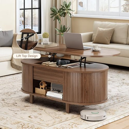 43.3" Oval Lift Top Fluted Coffee Table with Sliding Door, Walnut | Mid-Century Modern Fluted Coffee Table with Lift Tabletop & Multi-Storage Spaces, Dining Table for Living Room, Home Office - color: Walnut