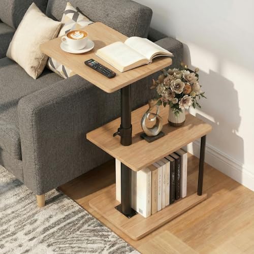 Faesun 360° Swivel Side Table for Height Adjustable, C Shaped End Table for Couch with Storage, 3-Tier Night Stand with Open Shelf, Tv Tray for Small Spaces, Living Room, Bedroom, Oak - color: Oak, size: Standard