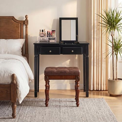 LEEMTORIG 31.5" Solid Wood Small Vanity Desk with Flip-top Mirror, Compact Wooden Writing Desk with Drawers, 3 in 1 Secretary Desk/Dressing Table/Nightstand for Small Space, Black SZT-D0036-BK - color: Black