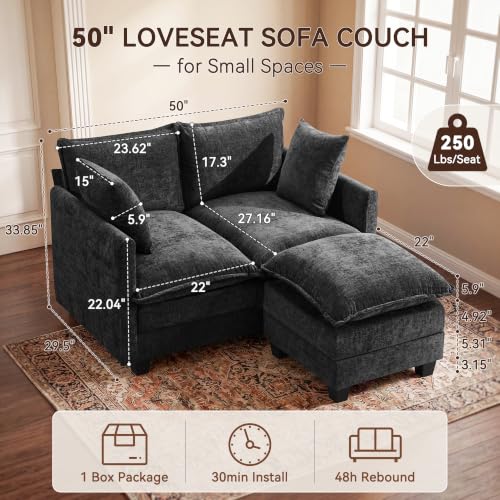 50" Loveseat Sofa with Ottoman, Cloud 2-Layer Cushion & 27" Deep Seat, Modern Love Seat Small Couch with 2 Washable Pillows for Small Spaces, Bedroom, Apartment, Office, Living Room, in a Box, Black - color: Black, size: Loveseat with Ottoman