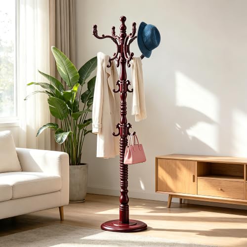 Heavy Duty Coat Rack Stand Freestanding Coat Tree for Small Space,mahogany | Birch Wood Main Pole,Multifunctional,14 Hooks and 1 Round Base,for Hallway,Bedrooms,3 Height Adjustable(48.8-72.3") - color: Mahogany