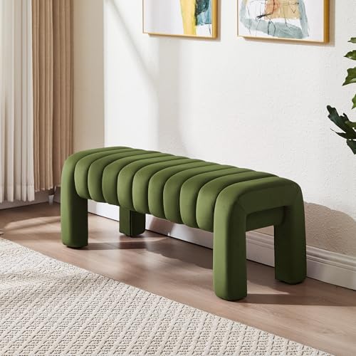 43.3” Dining Room Bench, Olive Green Tufted Upholstered End of Bed Bench, Modern Entryway Ottoman Window Seat with Solid Wood Legs and Padded Seat for Bedroom, Hallway and Living Room (Velvet) - color: Olive Green Velvet, size: 43.3"