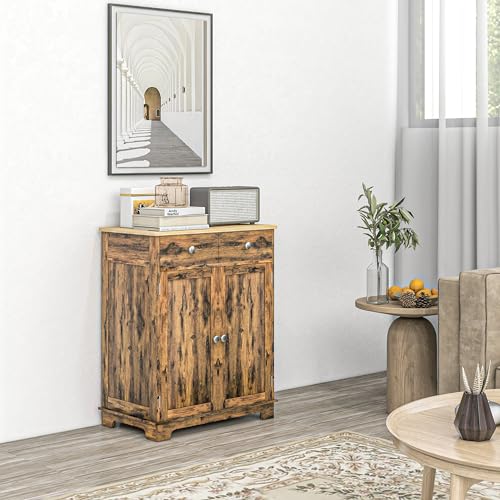 HOMCOM Sideboard Buffet Cabinet Solid Wood Countertop Rustic Brown | Modern Kitchen Storage, Coffee Bar Cabinet, 2 Drawers, Doors, Adjustable Shelf - color: Rustic Brown, size: 26.75" x 15.75" x 33.5"