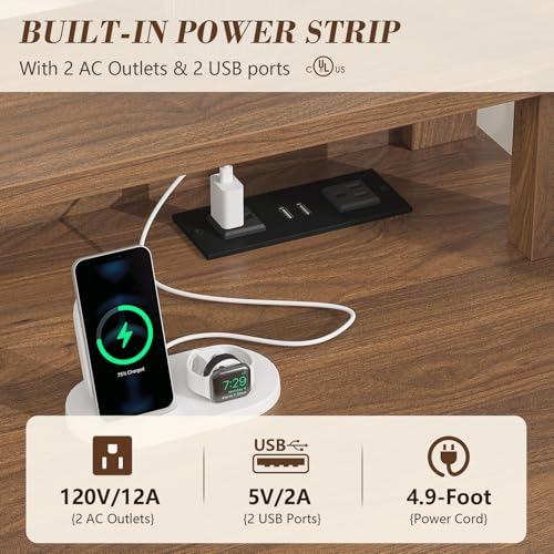 47" Farmhouse Computer Desk with 4 Drawers for Home Office, Bedroom | Executive Desk with Power Outlets, Home Office Desk with Monitor Stand & Drawers, Small Desk Writing Study Table, Brown - color: Brown