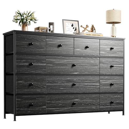 EnHomee Black Dresser TV Stand with 13 Fabric Drawers for 45 Inch TV | Waterproof Wooden Top, Sturdy Metal Frame, Dual-Size Drawers for Classified Storage, Easy Assembly, Suits Bedroom, Entryway - color: Black Wood Veins