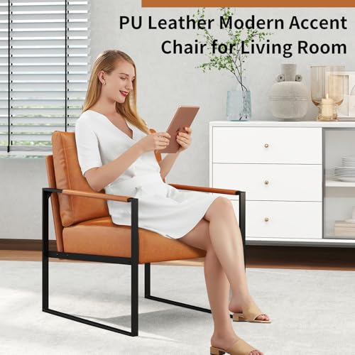 Mid Century Modern Accent Chair, PU Leather Armchair with Metal Frame,Comfy Single Reading Chair with Soft Padded Backrest and Cushion for Living Room, Bedroom,Reading Room,Office,Brown - color: Brown
