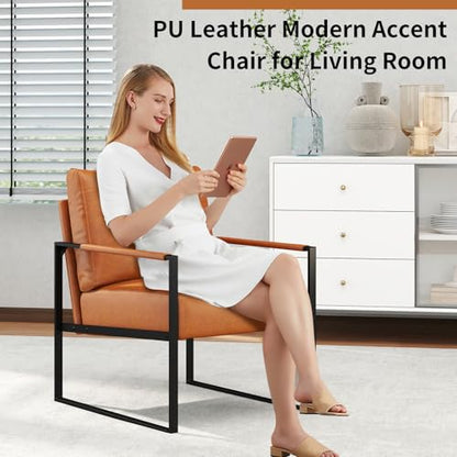 Mid Century Modern Accent Chair, PU Leather Armchair with Metal Frame,Comfy Single Reading Chair with Soft Padded Backrest and Cushion for Living Room, Bedroom,Reading Room,Office,Brown - color: Brown