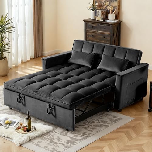 Sleeper Sofa Bed with Adjustable Backrest & Side Pockets, Black | Adjustable Backrest & Side Pockets,Pull Out Sofa,Comfortable Fabric - color: S-black-mos