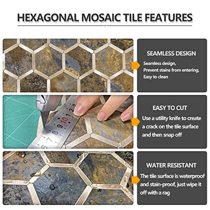 STICKGOO Hexagon Peel and Stick Backsplash Tile, Stick on Backsplash for Kitchen and Bathroom, Rust Slate Look PVC Mixed Metal Gold Self Adhesive Metal Mosaic Tiles(10 Sheets, Seamless) - color: Rust Slate with Metal Gold