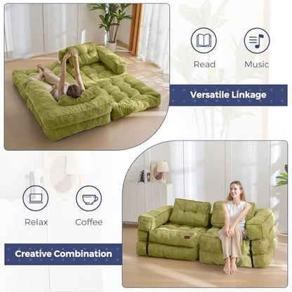 MAXYOYO Folding Sofa Bed, Convertible Chair Bed with Pillow | L-Shaped Floor Sofa with Armrest and Pillow, Foldable Portable Fold Out Comfy Chair Bed for Living Room Bedroom, Green - color: Green