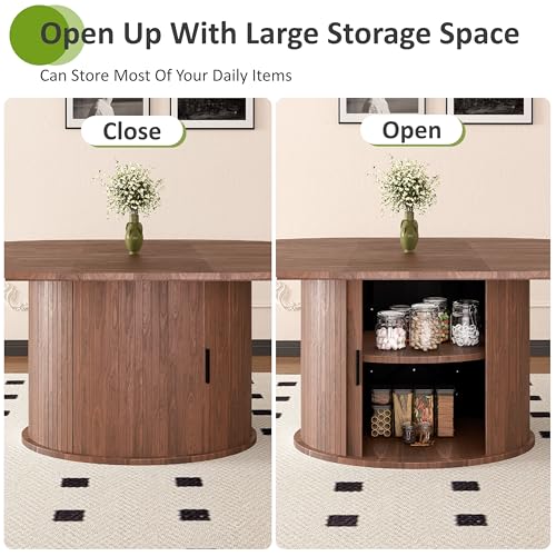 Extendable Round Dining Table for 2-4-6, 63 Inch Dining Room Kitchen Table with 2-Tier Storage Shelf, Modern Farmhouse Fluted Wood Slide Door Dinner Furniture,Oval Circle(Walnut-63 Inch) - color: Walnut-63 Inch