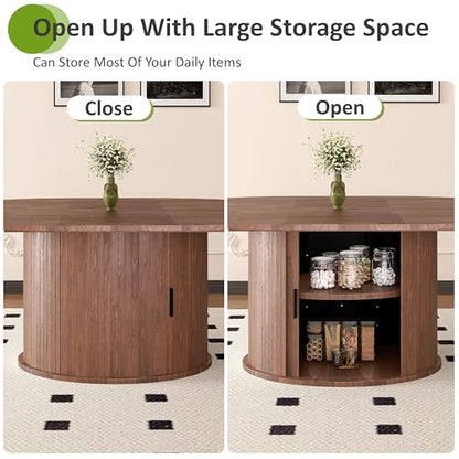 Extendable Round Dining Table for 2-4-6, 63 Inch Dining Room Kitchen Table with 2-Tier Storage Shelf, Modern Farmhouse Fluted Wood Slide Door Dinner Furniture,Oval Circle(Walnut-63 Inch) - color: Walnut-63 Inch
