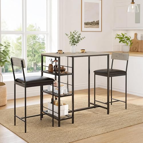 3-Piece Counter Height Dining Set for 2, Small Space Pub Table with 2 Upholstered High-Back Stools, Narrow Kitchen Bar Table with 3-Tier Storage Shelf, Industrial Dining Set for Breakfast Nook - color: Oak