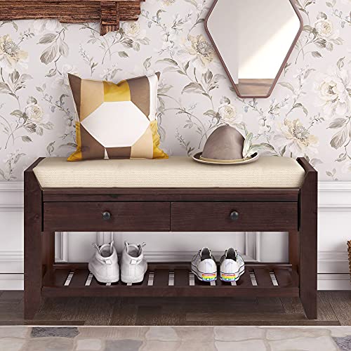 LUMISOL Storage Bench, Shoe Rack with Upholstered Seat and 2 Drawers, Solid Wood Entryway Storage Bench with Shoe Rack for Entryway, Living Room, Bedroom, Espresso - color: Espresso, size: 39"L x 14"W x 19.8"H