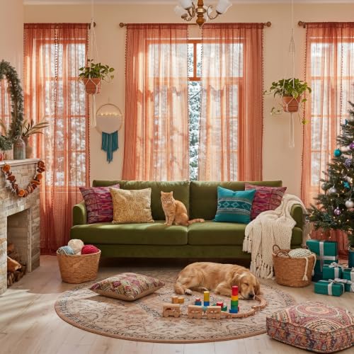 WAZZIO Boho Lace Curtains 63 Inches 2 Panel,Light Filtering Privacy Tassel & Geometry Crochet Semi Sheer Curtain Drapes for Bedroom Living Dining Room,Rod Pocket & Tassel,Full Decor,Burnt Orange - color: Burnt Orange, size: 59"W x 63"L (Pack of 2)