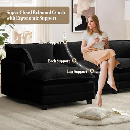 ROWHY 112'' Modular Sectional Cloud Couch with Movable Ottoman, 4 Seat Modern Chenille Sofa, Deep Seat L Shaped Couch for Living Room Bedroom Apartment,Jet Black - color: Jet Black, size: 112''