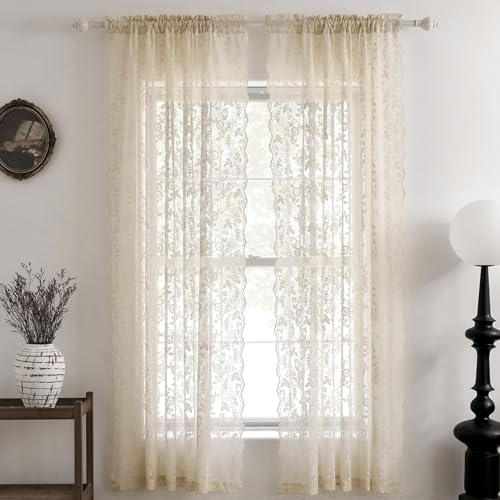 Beige Lace Kitchen Curtains Rustic Leaf Floral W42 x L45 Inch 2 Panels | Rod Pocket, Airy Knit Falls, Rays Diffused, Earthy Tone Warms Rustic Rooms, Compact Drape Keeps Sills Clear, Privacy - color: Beige, size: 42"W x 45"L (Pack of 2)