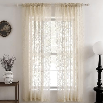 Beige Lace Kitchen Curtains Rustic Leaf Floral W42 x L45 Inch 2 Panels | Rod Pocket, Airy Knit Falls, Rays Diffused, Earthy Tone Warms Rustic Rooms, Compact Drape Keeps Sills Clear, Privacy - color: Beige, size: 42"W x 45"L (Pack of 2)