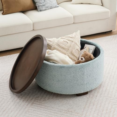 Zihanhome 30" Round Chenille Storage Ottoman Coffee Table with Removable Tray Top, Large Hidden Storage Ottoman, Solid Wood Legs for Living Room, Bedroom, Apartment (Teal) - color: Teal