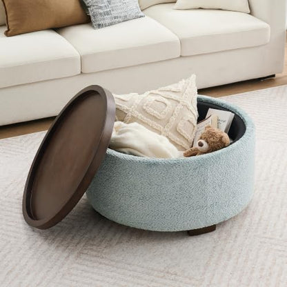 Zihanhome 30" Round Chenille Storage Ottoman Coffee Table with Removable Tray Top, Large Hidden Storage Ottoman, Solid Wood Legs for Living Room, Bedroom, Apartment (Teal) - color: Teal
