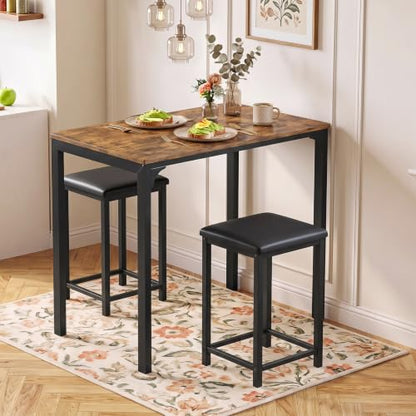 COSTWAY Dining Table Set, Counter Height Table, 2 Upholstered Stools | Rustic Brown & Black, PU Leather Seats, Metal Frame, Industrial, Space-Saving for Small Space, Dorm & Kitchen Island - color: Rustic Brown & Black