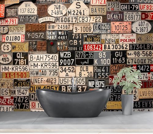 Eierme-Old License Plates from Around The World Mural Wallpaper Peel and Stick 90" x 67" - color: No.1, size: 90" x 67"
