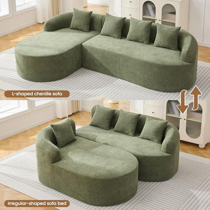 105" Boneless L Shaped Couch, Curved Sofas for Living Room, Chenille Green | Sectional Cloud Sofa with Chaise Lounge, 17" Thickened Cushion, 21.5" Deep Seat, Comfy Back Pillow, No Assembly - color: Green, size: L-Shaped Sofa