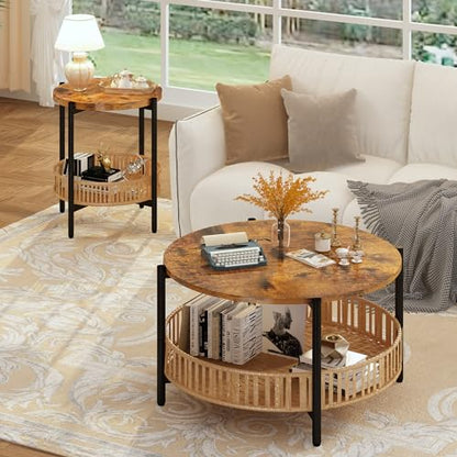 AWQM 3 Pieces Coffee Table Set for Living Room, 2 Tier Round Rattan Coffee End Side Table, Boho Living Room Table Set with Metal Frame for Bedroom Office - size: Set of 3