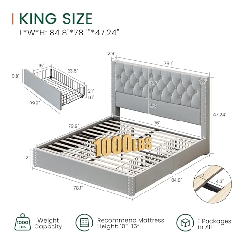 King Size Bed Frame with 4 Storage Drawers and Tufted Headboard Velvet Upholstered Platform Bed Frame with Heavy Duty Wood Slats,No Box Spring Needed,Easy Assembly,Bluish Grey - color: Bluish Grey, size: King