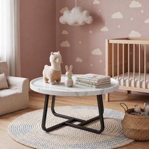 Garvee 19.7 in Round Coffee Table with Wood Surface Top & Sturdy Metal Leg | Small White Center Table, Easy-Clean & Waterproof, Raised Edge Side Table Compact for Apartment, Living Room, Balconies - color: White