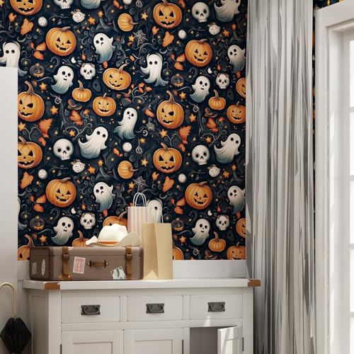 FUKU MON Wallpaper Peel and Stick for Halloween Party Decor Cute Pumpkin Vinyl Waterproof for Bathroom and Bedroom Contact Paper for Cabinets and Drawers Self-Adhesive Removable,15.7"x118" - color: Yellow Pumpkin, size: 15.7" x 118"