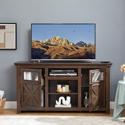 Farmhouse TV Stand 60 in for TVs up to 65 inch, Wood TV Console with 6 Cable Management Holes and Adjustable Shelves for Living Room, Barn Style Media Center with Glass Doors, Espresso - color: Espresso-d-60.23 X 15.35 X 31.70 Inch