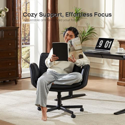 amseatec Criss Cross Office Chair, Swivel Makeup Vanity Chair with Wheels | Wide PU seat supports cross-legged, fidget-friendly sitting; 5-level armrests create pet space; wipe-clean finish eases care - color: Black