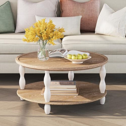karlott Farmhouse Coffee Table, Tray Round Coffee Tables for Living Room | Solid Wood Veneer Tabletop, Pine Legs & Storage Shelf, Tray Tabletop, Rustic Boho Center Table, Easy Assemble for Living Room - size: Tray Coffee Table 30.3 In