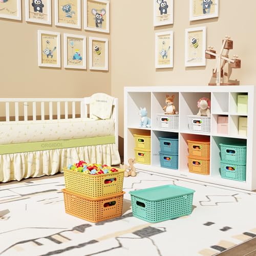 ORGIDOL Plastic Storage Basket with Lids 12 Pack Stackable Colorful Storage Bins Containers with Lid, Decorative Storage Boxes for Organizing Shelves, Drawers, Playroom, Classroom, Office, Closet - color: Colorful, size: 12 Pack
