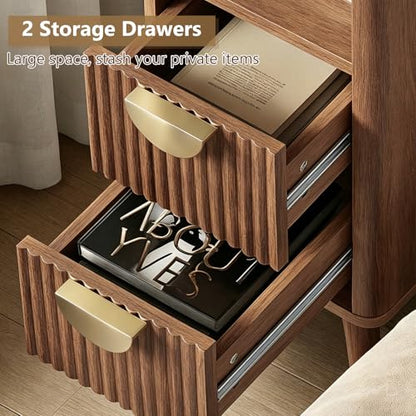 Narrow Nightstand with 2 Drawers, Wooden Bedside Table with Open Storage Space, Easy Install Slim Night Stand for Apartments, Narrow Bedroom Corners, Living Room End Table
