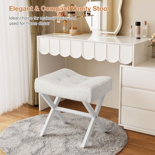 18-Inch Large Vanity Stool Chair, White Makeup Stool | Teddy Flannel Vanity Bench, Metal X-Leg, 350 LBS, 20"x16.9"x18", Ottoman Accent Stool, Breathable Soft Padded Saddle Seat - size: Large, style: White Fabric