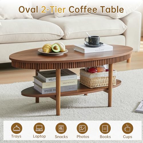 Turtle&Myrtle Oval Coffee Table, Mid-Century Modern Fluted Coffee Tables with 2-Tier Storage Shelf, 39.4" Wood Small Center Table for Living Room, Office, Easy Assembly, Walnut Brown