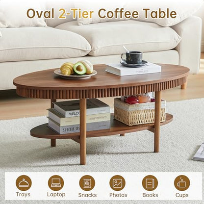 Turtle&Myrtle Oval Coffee Table, Mid-Century Modern Fluted Coffee Tables with 2-Tier Storage Shelf, 39.4" Wood Small Center Table for Living Room, Office, Easy Assembly, Walnut Brown