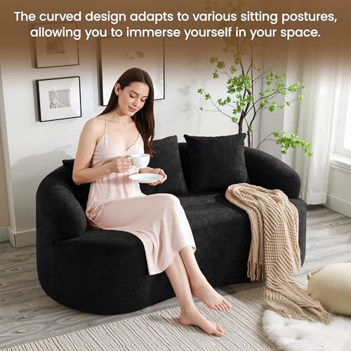 65" Boneless Loveseat Sofa, Curved Chenille Couches for Living Room, Black | Love Seat Cloud Couch, 16.5" Thickened Cushion, 25.2" Deep Seat, Comfy Back Pillow, No Assembly - color: Black, size: Loveseat Sofa