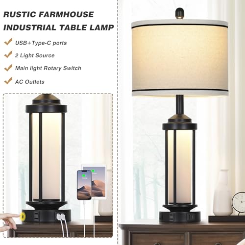 Rinweey Table Lamps Set of 2, Black Farmhouse Rustic Industrial Table Lamp with USB A+C Ports & AC Outlet, 26" Modern Bedside Lamps with LED Night Light & Linen Fabric Lampshade, Lamps for Bedroom - color: Black-5
