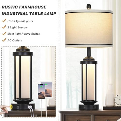 Rinweey Table Lamps Set of 2, Black Farmhouse Rustic Industrial Table Lamp with USB A+C Ports & AC Outlet, 26" Modern Bedside Lamps with LED Night Light & Linen Fabric Lampshade, Lamps for Bedroom - color: Black-5