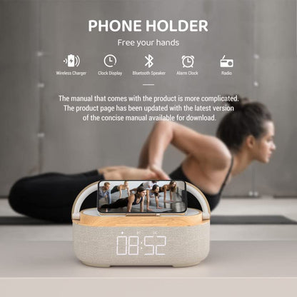 Bluetooth Speaker Alarm Clock & Wireless Charger for Bedside, Home, Office | FM Radio, Adjustable LED Night Light, 6 in 1 Bedroom Portable Speaker 2500mAh, Phone Stand - color: Beige