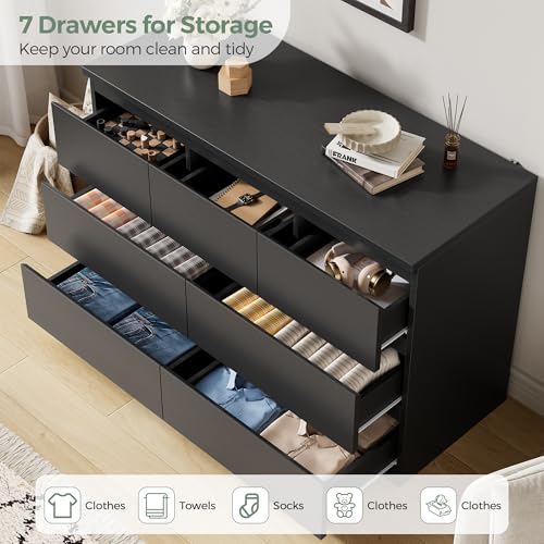 Jocoevol Modern Black 7 Drawer Dresser for Bedroom, Simply Chest of Drawers, Wood Storage Dresser with Deep Drawers for Living Room Hallway Entryway, Black - color: Black