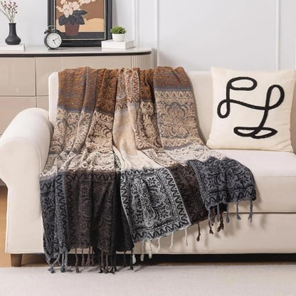 Boho Throw Blanket, Chenille Jacquard Tassels Throw Blankets for Bed Couch Soft Chair， Bohemian Fringe Tassels (Black, S:60x75) - color: Black, size: Small (60 x 75 in)