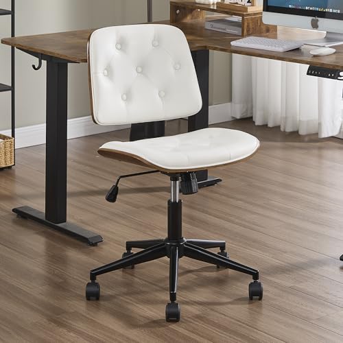 VipDesk Small Home Office Chair - Armless Mid Back Desk Chair with 360° Swivel and Wheels, PU Upholstered Height Adjustable Modern Walnut Computer Chair for Home, Office Meeting Room - White - color: White, size: Button Style