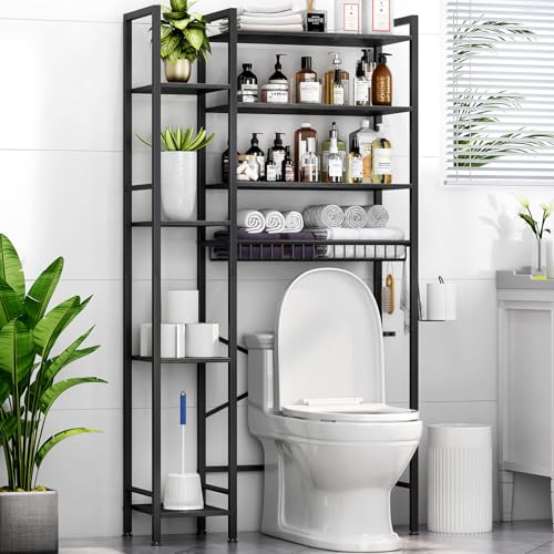 Kalrin 8-Tier Over The Toilet Storage with Side Rack, Over Toilet Storage Rack with Adjustable Shelf & Drain Basket, Freestanding Bathroom Organizer for Balcony, Laundry (Pure Black) - color: Pure Black